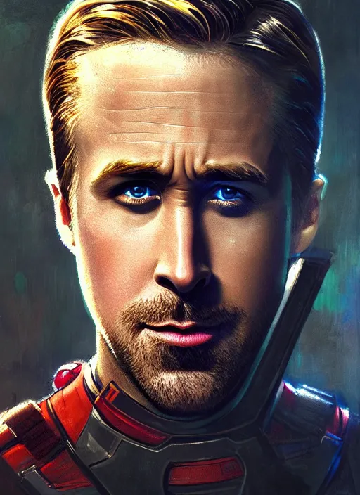 Prompt: ryan gosling as deadpool, gorgeous, portrait, Symmetrical, powerful, intricate, beautiful, masterpiece, elegant, volumetric lighting, highly detailed, artstation, sharp focus, no cropping, illustration, Jean-Leon Gerome , ruan jia