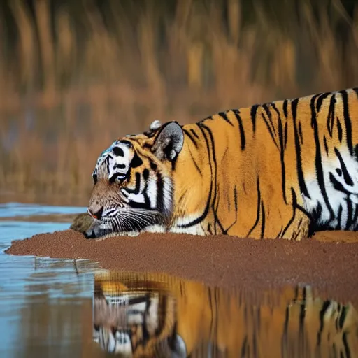 Prompt: photo of a muddy tiger in a swamp in the sunset, documentary photo, 300 mm depth of field bokeh