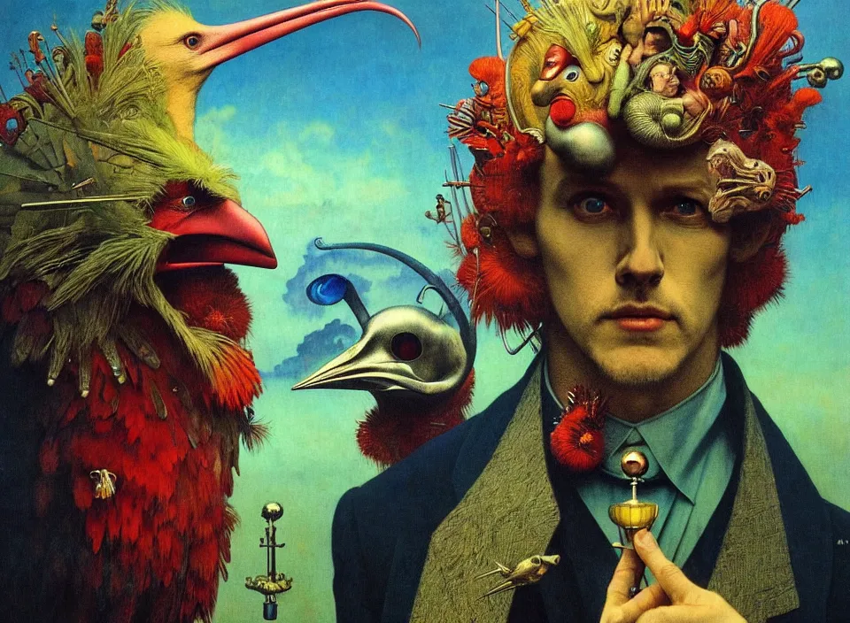 Image similar to realistic detailed portrait movie shot of a birdman wearing a dark blazer, sci fi landscape background by denis villeneuve, amano, yves tanguy, alphonse mucha, ernst haeckel, max ernst, roger dean, masterpiece, rich cold moody colours, dog teeth, blue eyes