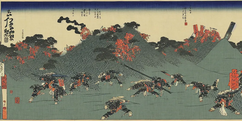 Prompt: Giant War Robots walking through the rice fields. In style of Katsushika Hokusai, ukiyo-e.