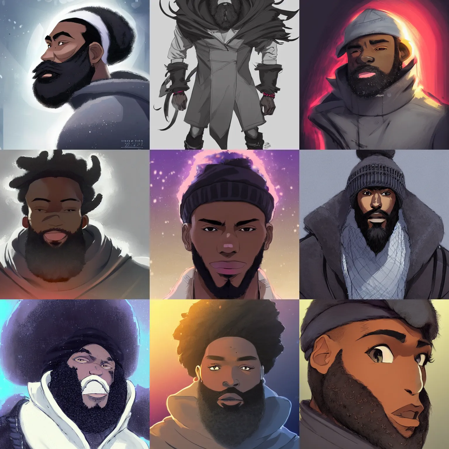 Prompt: concept art render of a handsome black athlete with a big beard wearing a dark gray durag and a black puffer winter coat, beautiful, fantasy, colorful, cinematic lighting, artstation, trending, highly detailed, focus, smooth, by studio ghibli, rossdraws, hirohiko araki, conrad roset, yoshitaka amano