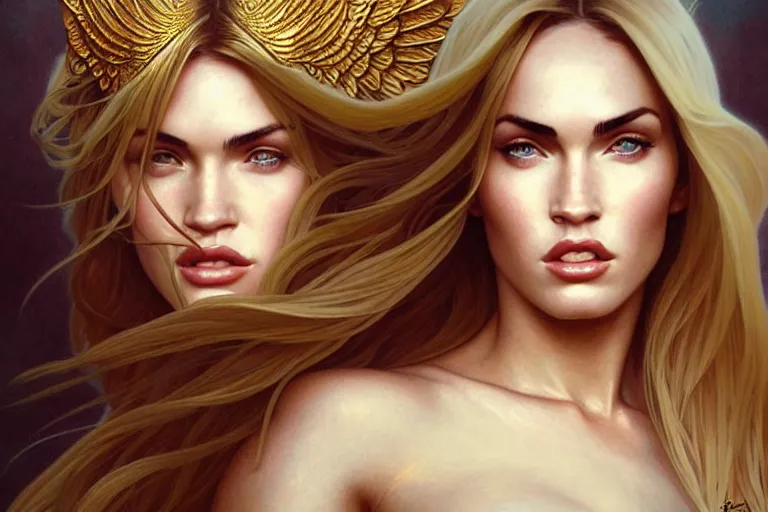 Image similar to portrait of megan fox as an blonde angel, wings, intricate, headshot, highly detailed, digital painting, artstation, concept art, sharp focus, cinematic lighting, illustration, art by artgerm and greg rutkowski, alphonse mucha, cgsociety