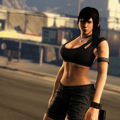 Prompt: Screenshot of Tifa Lockhart in the game GTA V, highly detailed