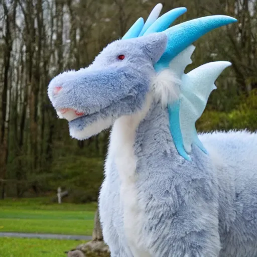 Image similar to white furry dragon with a blue neck mane, 2 grey horns from a 3/4ths angle