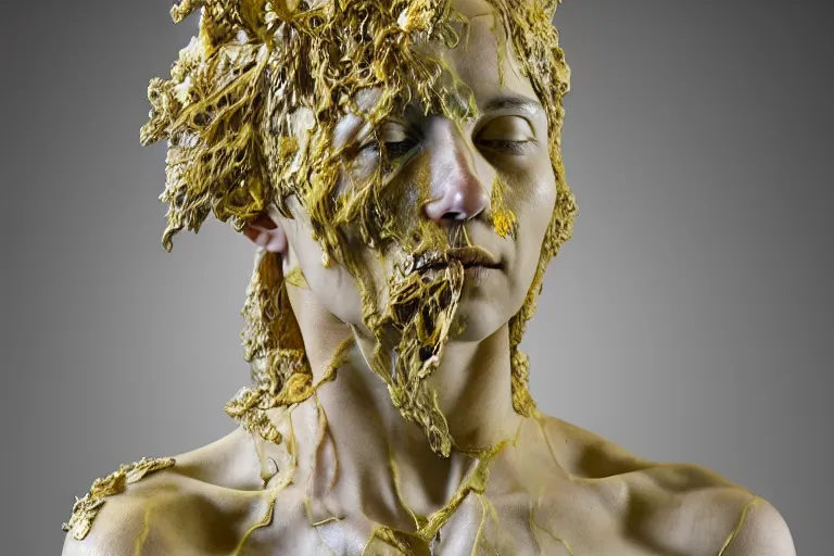 Image similar to a sculpture of a person with flowing golden tears, fractal plants and fractal flowers on the skin, a marble sculpture by nicola samori, behance, neo - expressionism, marble sculpture, apocalypse art, made of mist, octan render