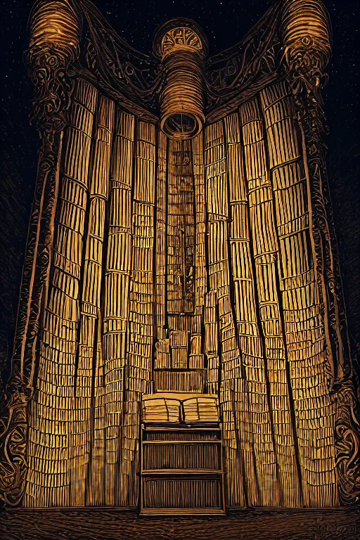 Image similar to illustration of close low angle view of an pipe organ made of books with gold spidery embellishments, night, smoke, ground fog, by vincent di fate, large depth of field, super detailed, digital art, trending on artstation, ornate