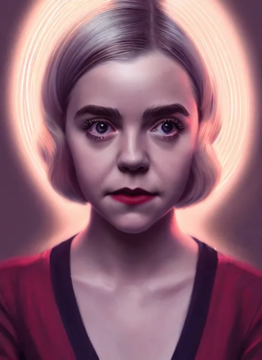 Prompt: portrait of kiernan shipka as sabrina spellman, white hair, 1 9 6 0 s bob hairstyle, hairband, intricate, elegant, glowing lights, highly detailed, digital painting, artstation, concept art, smooth, sharp focus, illustration, art by wlop, mars ravelo and greg rutkowski