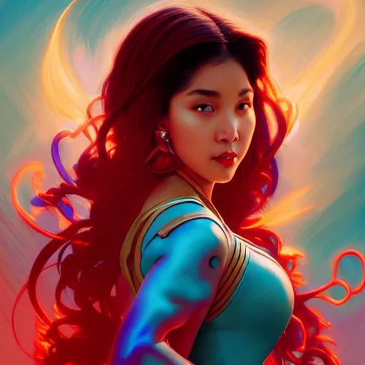 Prompt: kathlyn bernardo as darna, volumetric lights, red and cyan theme, art nouveau botanicals, intricate, highly detailed, digital painting, artstation, concept art, smooth, sharp focus, cinematic, illustration, beautiful face, art by artgerm and greg rutkowski and alphonse mucha