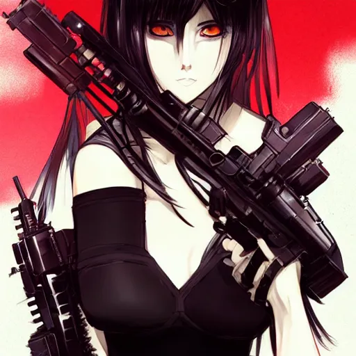 Image similar to upper body portrait of a beautiful girl with long black hair, wearing black riot gear, holding AR-15, drawn by WLOP, by Avetetsuya Studios, attractive character, colored sketch anime manga panel, trending on Artstation