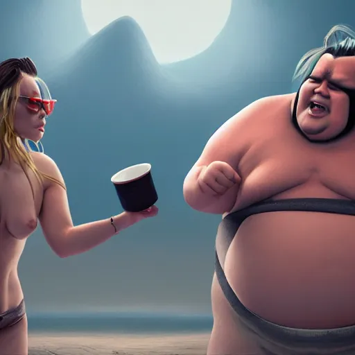 Prompt: super fat Amber Heard and Johnny Depp are Sumo fighting, artstation, matte painting, highly detailed, intricate, concept art, dramatic cinematic lighting, octane render, 8k, unreal engine