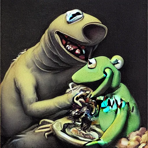 Image similar to “Kermit the Frog Devouring His Son” by Francisco Goya, in the style of “Saturn Devouring His Son”, fresco, horror