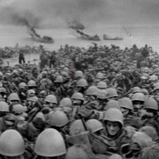 Image similar to go pro footage of d - day invasion, violent, blood, realistic