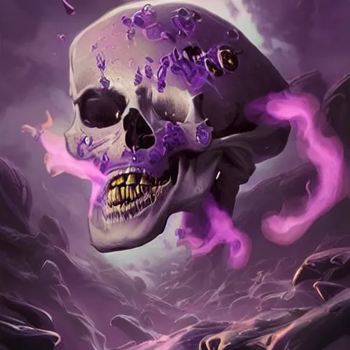 Image similar to floating skulls with violet smoke trails, two fangs, violet theme, epic fantasy digital art style, fantasy artwork, by Greg Rutkowski, fantasy hearthstone card art style