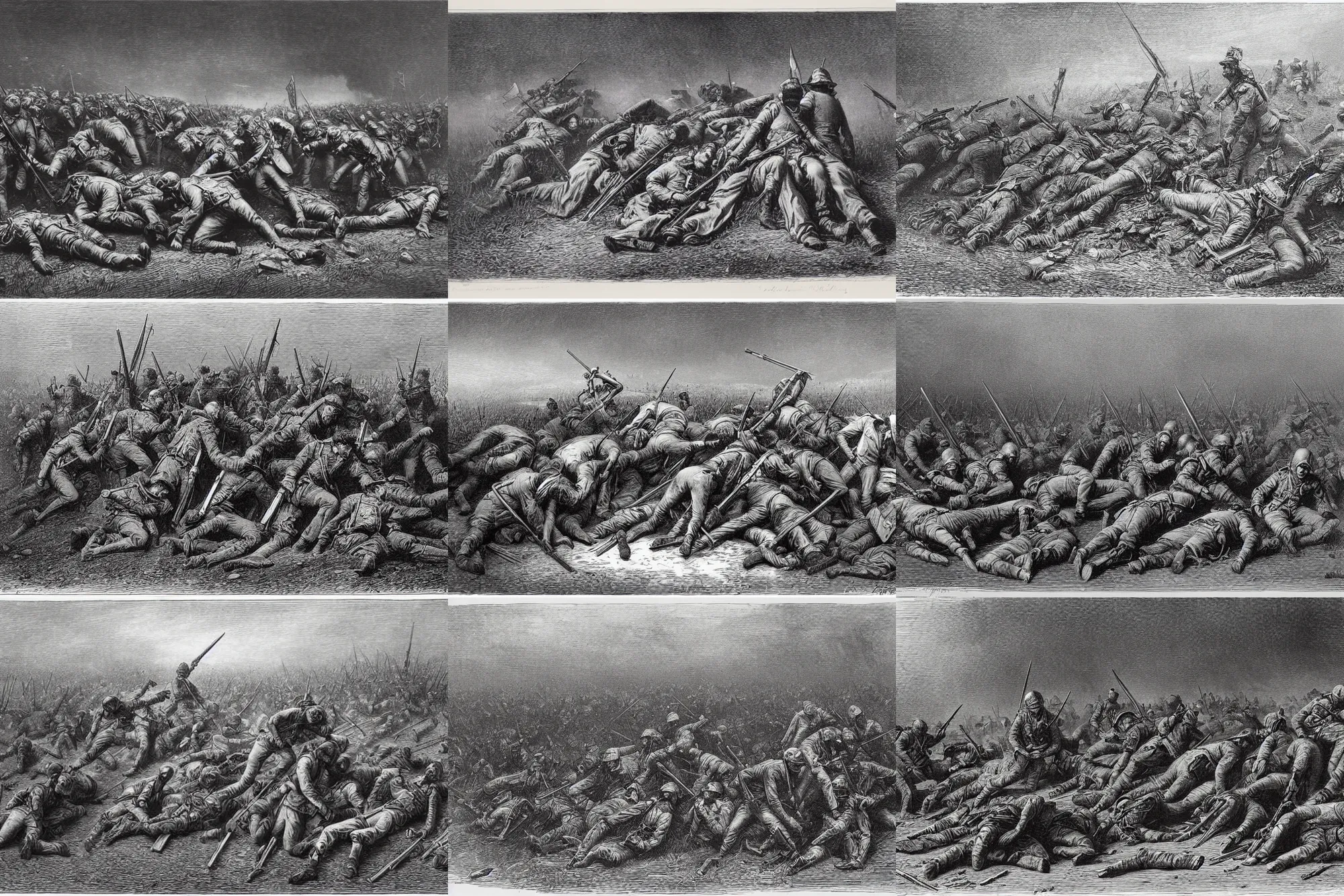 Prompt: Dead soldiers on the battlefield, Gustave Dore lithography