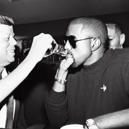 Image similar to jfk drinking hennessy with kanye west,