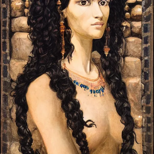 Prompt: portrait of a mesopotamian woman with thick black curls and bangs fringe standing inside sandstone ruins intricate artwork by Zinaida Serebriakova and Léon François Comerre and Adam Styka and Joseph Lefebvre. trending on artstation, very coherent symmetrical artwork high detail 4k