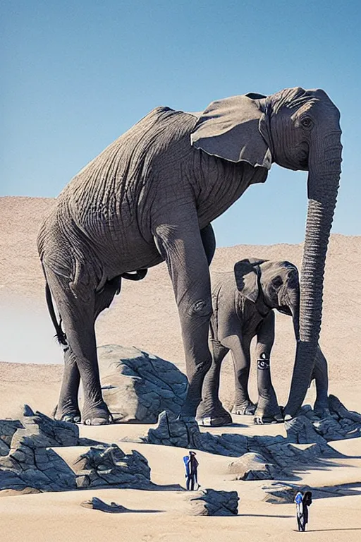 Prompt: 🐋 as 🐘 as 🤖 as 👽 as 🐳, desert, photography by kim jung gi,