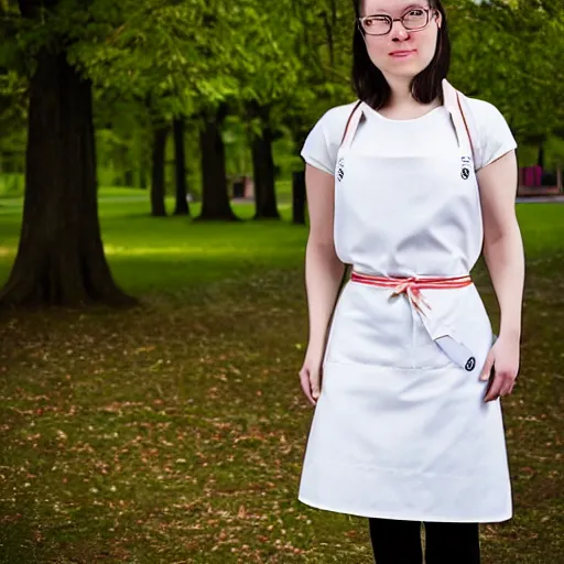 Image similar to a full body portrait of a very very very beautiful young woman wearing a white apron in a park, very detailed, William-Adolphe, photo taken with Sony a7R