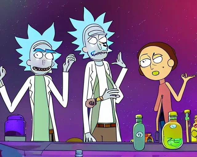 Image similar to rick and morty brewing a potion in space, digital art, highly detailed, trending on artstation