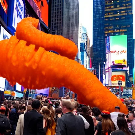 Image similar to photograph of Donald trump licking a giant Cheeto in times square