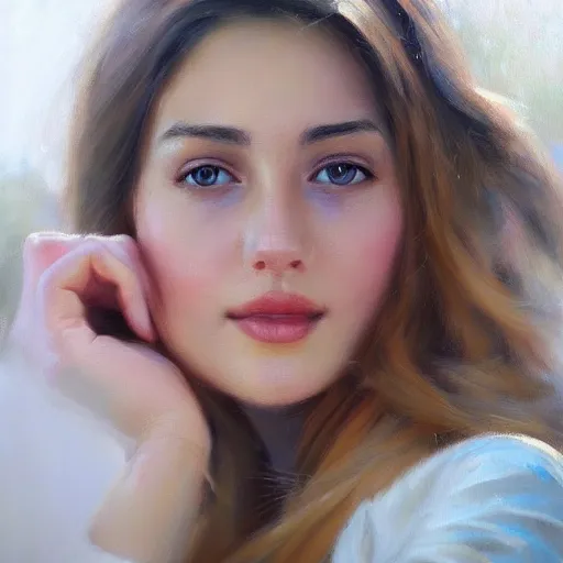 Image similar to extreme close - up of a beautiful woman's face, morning, highly detailed, ultrarealistic oil painting, vladimir volegov, artstation