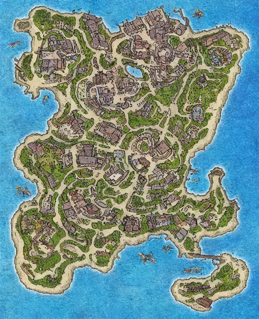 Prompt: dnd shoreline port town and docks with islands, hand painted and drawn map