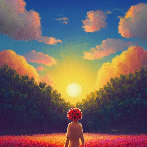 Image similar to girl with one flower head, in a field with flowers, hills, big trees, sunrise dramatic light, impressionist painting, colorful clouds, digital painting, pointillism, artstation, simon stalenhag