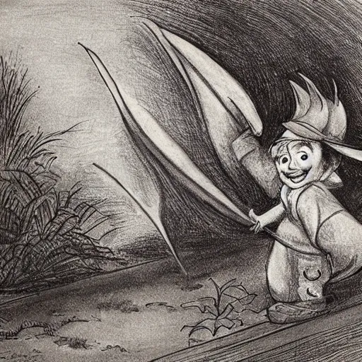 Prompt: by alfred parsons, by peter sculthorpe spirited. a drawing of a young boy disguised as a dragon. the boy is shown wearing a costume with dragon - like features, including a long tail, wings, & horns. he has a large grin on his face, suggesting that he is enjoying his disguise.