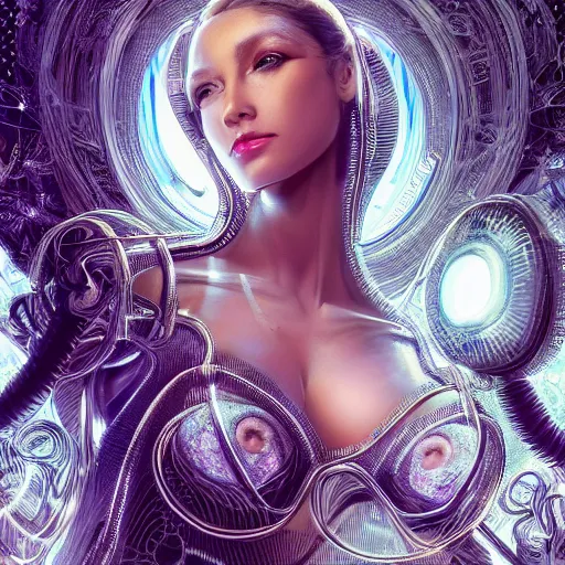 Image similar to very beautiful woman integrating with technology, full face frontal centered, portrait, insipiring, detailed intricate ornate cables connected to head, big open electric eyes, luxurious detailed abundent wiring and implants, diamonds, sci-fi, neon, emeralds, detailed technology full background, highly detailed, artstation, Rene Lalique and Eddie Mendoza and Gil Elvgren