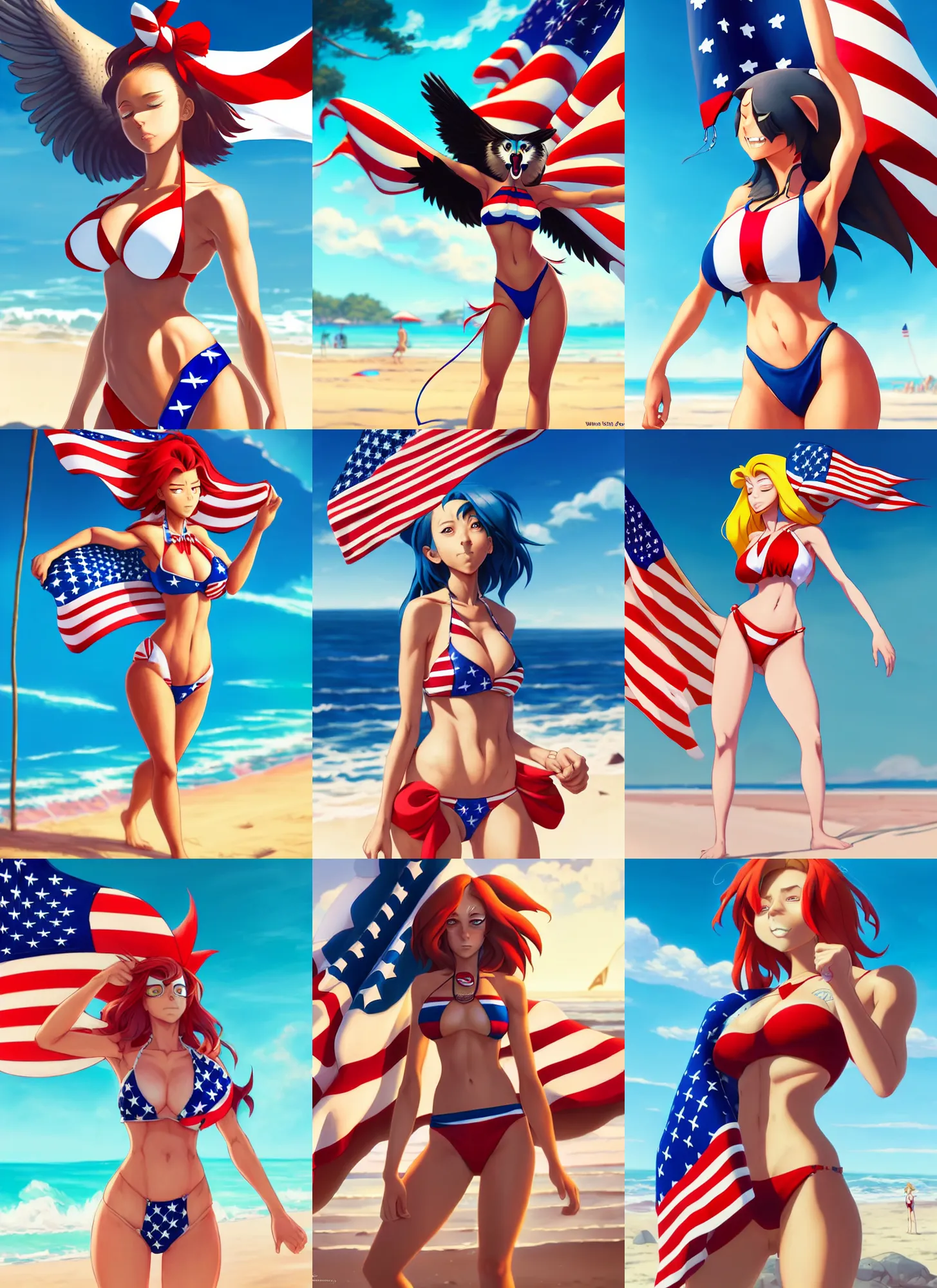 Prompt: wide angle beautiful full body portrait of a strong female anthropomorphic anthro eagle fursona wearing an american flag bikini at the beach. character design by disney, anime, manga, charlie bowater, ross tran, artgerm, and makoto shinkai, detailed, soft lighting, rendered in octane