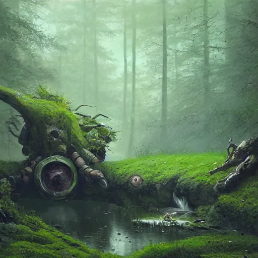 Image similar to ancient stone roboter overgrown with moss and farn resting beside a pond inside a forest, oil painting, by Greg Rutkowski