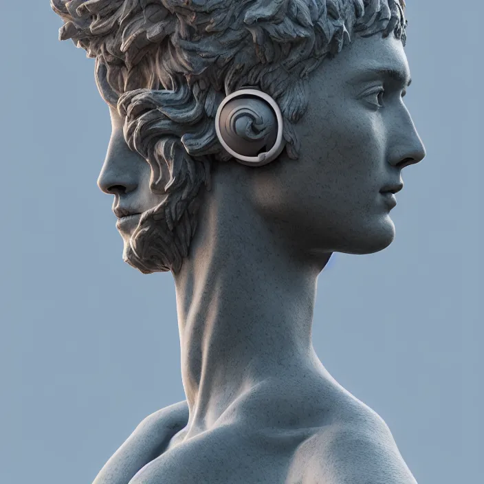 Prompt: stoic statue wearing headphone, vaporwave, aesthetic, naturel, symmetrical face, hyper detailed, digital sculpture, trending in artstation, cinematic lighting, studio quality, smooth render, unreal engine 5 rendered, octane rendered, art style by klimt and nixeu and ian sprigger and wlop and krenz cushart