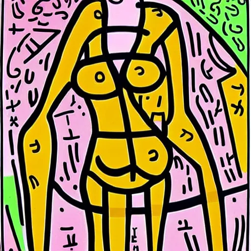 Prompt: a black woman, pregnant, by keith harring, intricate details, colorful, happy, bright