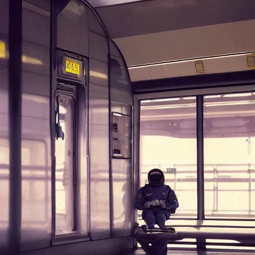 Image similar to a beautiful photo of an astronaut waiting in a train station, 1970', soft light, morning light, photorealistic, realistic, octane, 8k, cinematic shot