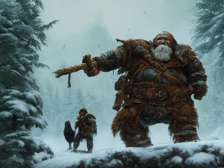 Image similar to Heroic Dwarf woodsmen treading forest with their Companion Raven, RPG Landscape, Oil Painting, Trending on Artstation, octane render, Insanely Detailed, 8k, HD