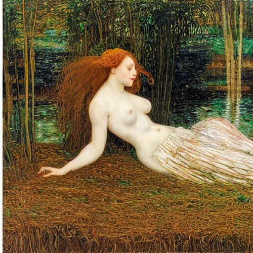 Image similar to ophelia under the river amongst the reeds, leonardo devinci, botticelli,, rosetti and monet, william holman hunt, 8 k