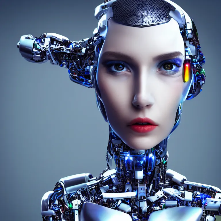 Prompt: futuristic cyborg robot fashion model with stunning perfect eyes and face, unreal engine, hyper detailed colourful, advertising photography, 4K high res trending on Flickr