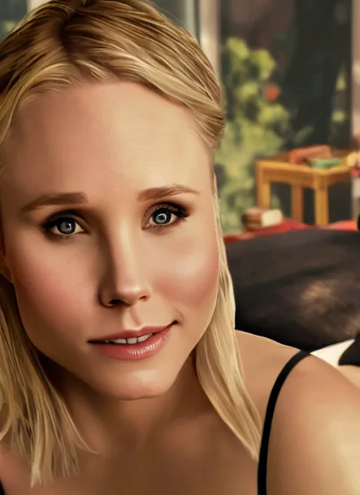 Image similar to gameplay footage, first person view, my pov, kristen bell on my bed looking at me, on my bed