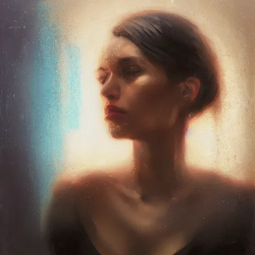 Image similar to detailed face of a woman, clockwork, moment, tectonic sky, skydome, bullet train, turbines, utopian, tech noir, wet reflections, prism, atmospheric, ambient, nick alm, casey baugh, pj crook, syd mead, livia prima, nick alm, casey baugh,