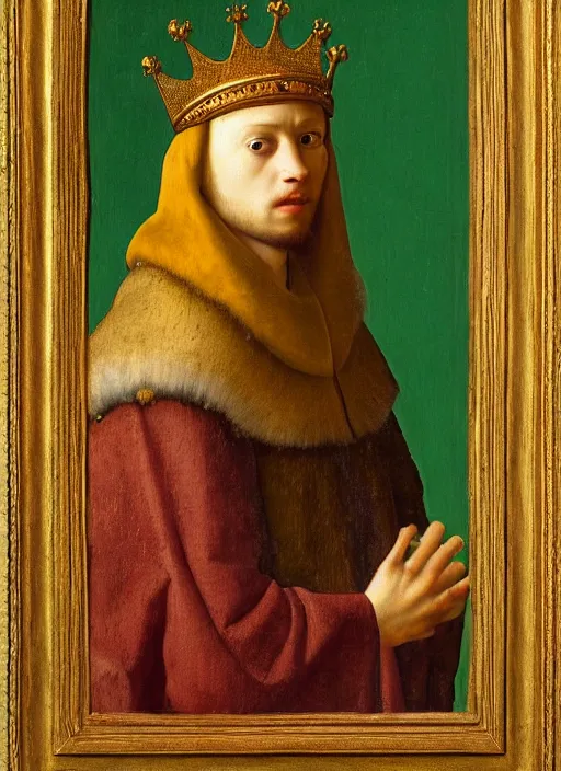 Image similar to portrait of a young man who is a king with a crown, medieval painting by Jan van Eyck, Johannes Vermeer, Florence