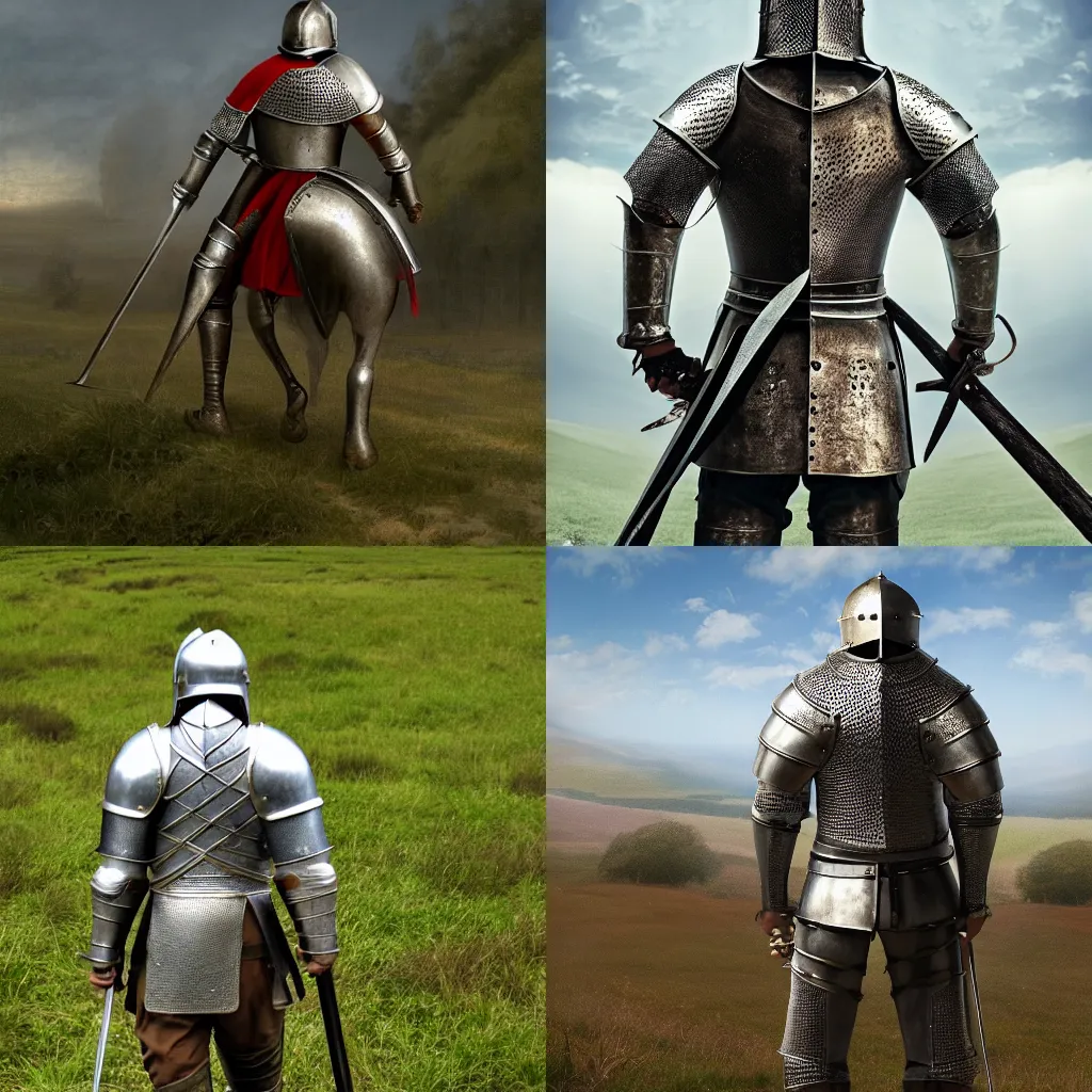 Prompt: art of a medieval knight from the back in full growth, in the middle of a lonely battleground after battle, 4K, high detail, in style of Alberto Mielgo