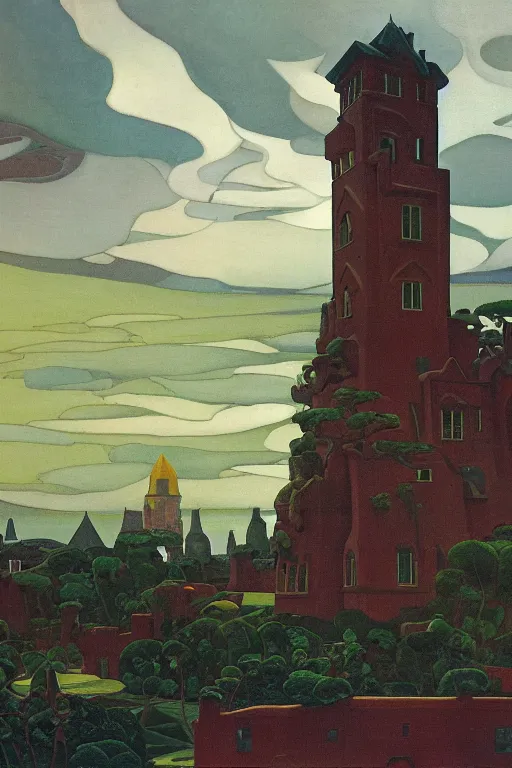 Image similar to view of the old tower and its gardens after a storm, tall windows lit up, beautiful ornamental architecture, dramatic cinematic lighting, rich colors, by Nicholas Roerich and and Caspar David Friedrich and April Gornik and William Dyce and ((Diego Rivera)), smooth, sharp focus, extremely detailed, featured on artstation