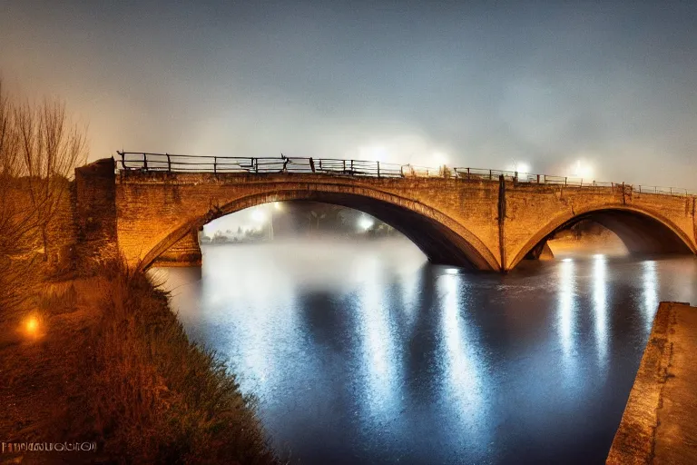 Image similar to masterpiece lomography landscape of ( pont ambroix at ambrussum ), single arch, cinematic lights, 8 k, long exposure, fog in the background, soft blue tones, by gustave courbet, artstation, deviantart