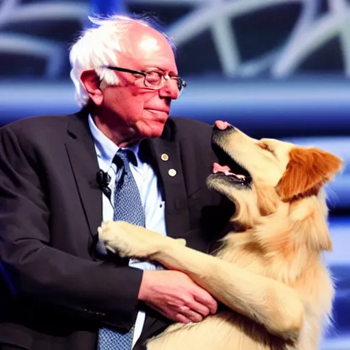 Prompt: bernie sanders hugging a golden retriever on a stage