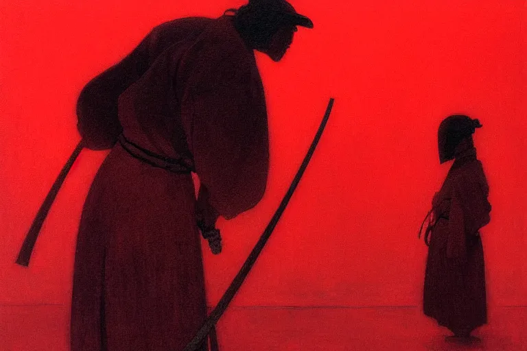 Image similar to only with red, a red samurai harakiri, tokio, a lot of frogs watch, in the style of beksinski, parts by edward hopper, parts by rodcenko, parts by yue minjun, intricate and epic composition, red by caravaggio, insanely quality, highly detailed, masterpiece, red light, artstation, 4 k