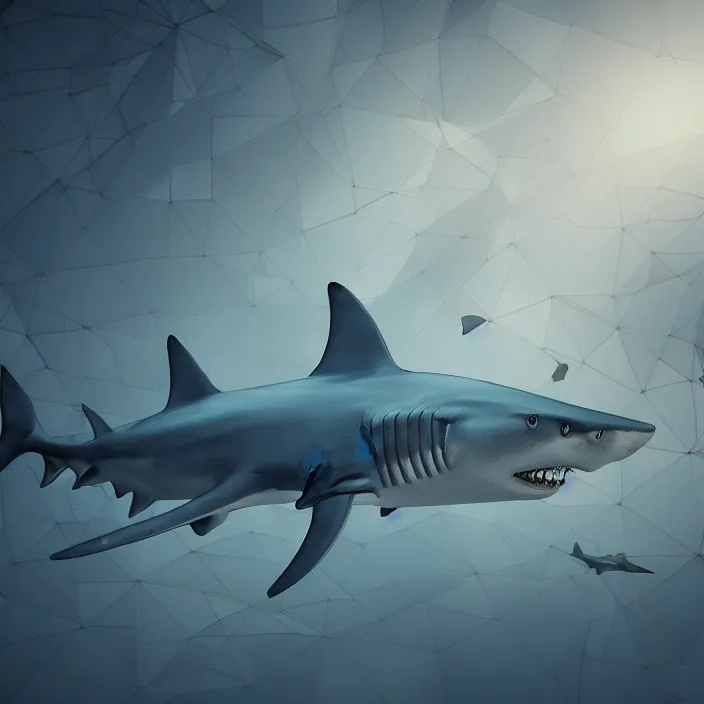 Image similar to a shark wearing a business suit. intricate abstract. intricate artwork. octane render, trending on artstation, very coherent symmetrical artwork. cinematic, hyper realism, high detail, octane render, 8 k, iridescent accents