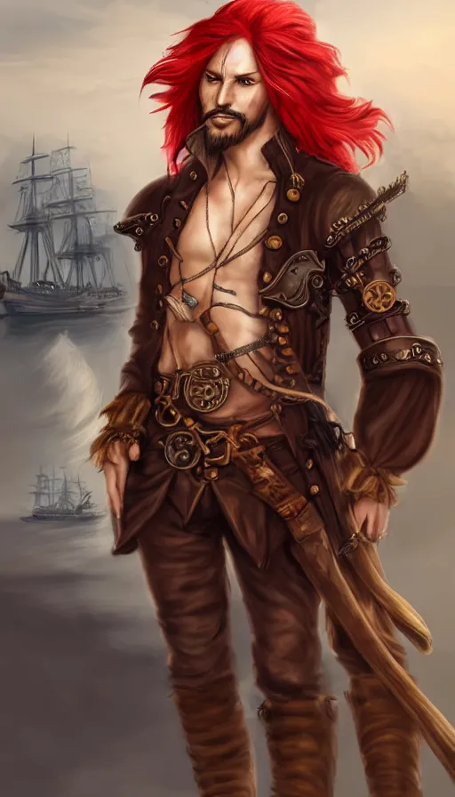 Image similar to portrait of a male pirate with flowing red hair!!!!!!, airship in the background!!!!!!, lean body!!, Steampunk!!!!!!!, D&D, fantasy, simple clothing!!!!, elegant, highly detailed, digital painting, artstation, concept art, sharp focus, illustration, art by Artgerm and Greg Rutkowski and Alphonse Mucha