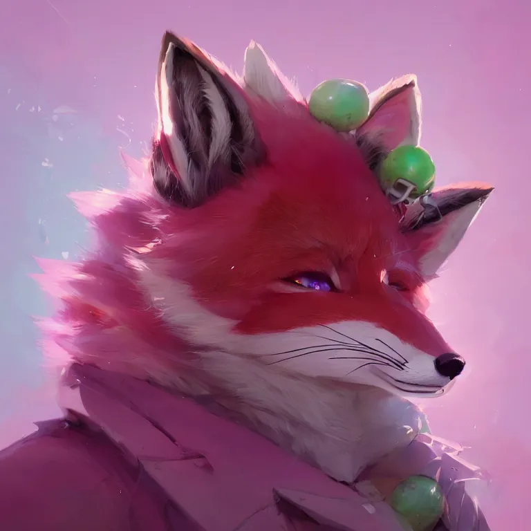 Image similar to a beautiful headshot portrait of a cute anime male fox boy with pink fur and green eyes. character design by cory loftis, fenghua zhong, ryohei hase, ismail inceoglu and ruan jia. artstation, volumetric light, detailed, photorealistic, fantasy, rendered in octane