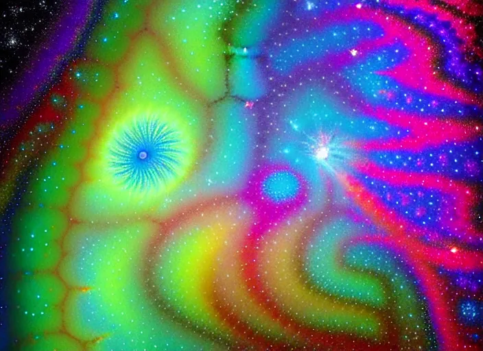 Image similar to fractal rainbow rivers, galactic nebula, highly detailed surrealist art