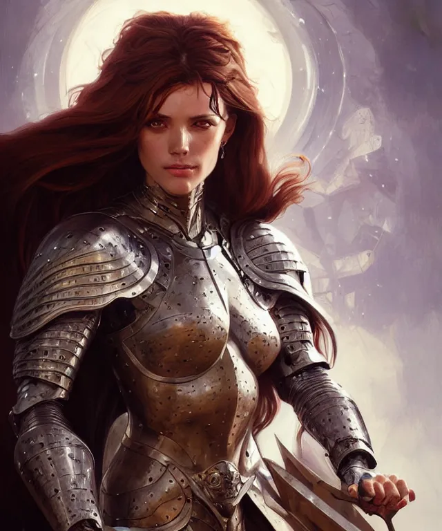 Image similar to Muscular and powerful medieval knight woman portrait, sci-fi, amber eyes, face, long hair, fantasy, intricate, elegant, highly detailed, digital painting, artstation, concept art, smooth, sharp focus, illustration, art by artgerm and greg rutkowski and alphonse mucha